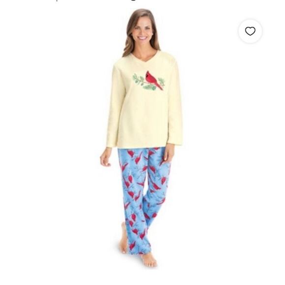Cardinal Embroidered NWT Fleece Pajamas Set Cream Shirt and Blue Pants S… - Picture 1 of 7